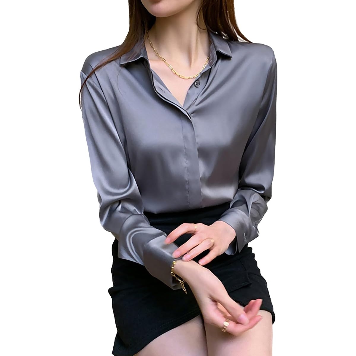 HIYIRUI Women's Satin-Effect Long Sleeve Button-Down Blouse