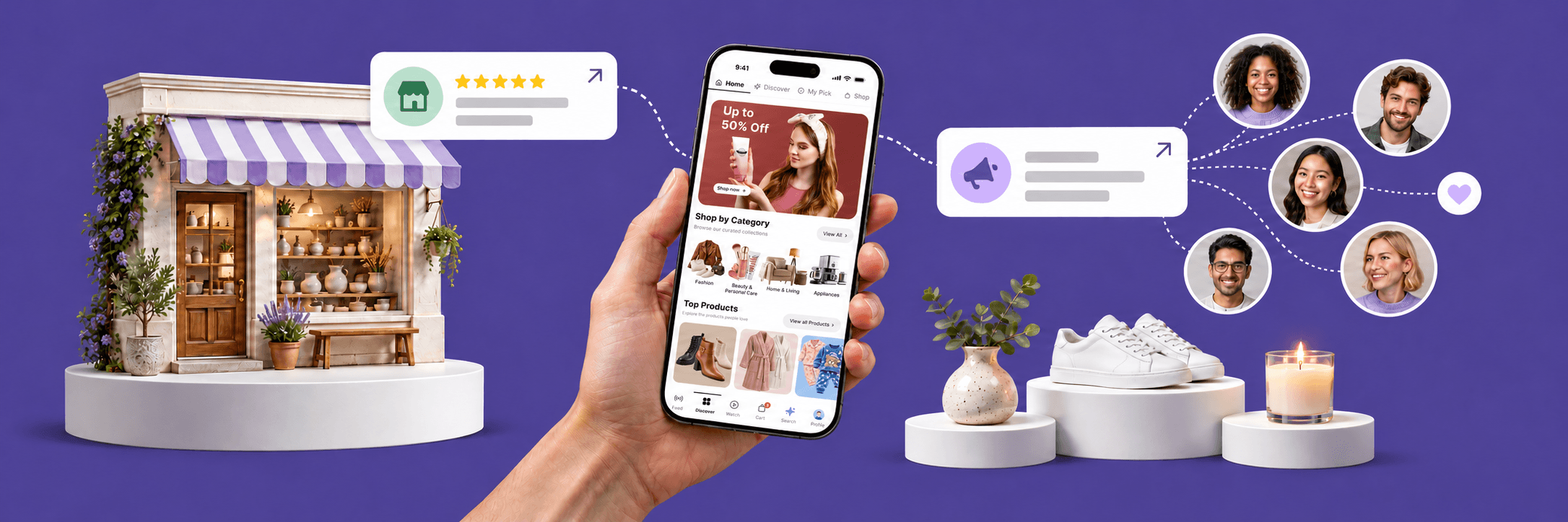 Two women browsing a boutique and sharing a shop recommendation on a phone